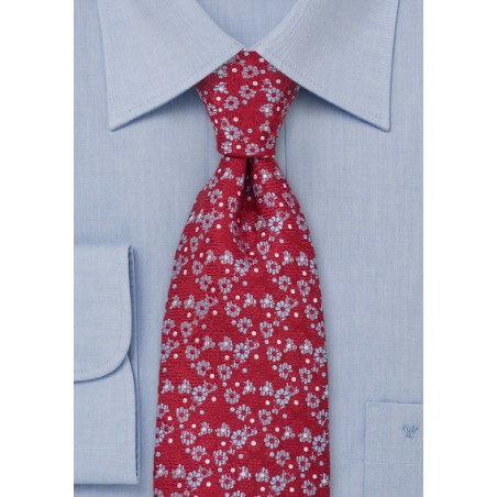 Floral Silk Tie in Red Light Blue