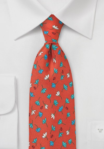 Persimmon Hued Floral Silk Tie