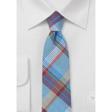 Textured Madras Plaid Skinny Tie in Blue
