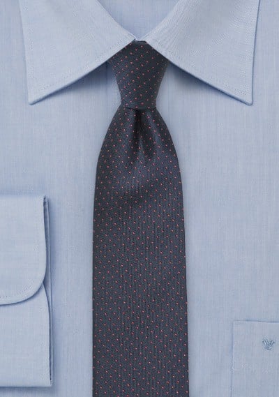 Skinny Navy Tie with Coral Pin Dots