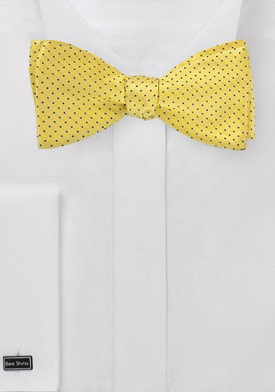 Bright Yellow Bow Tie with Navy Pin Dots