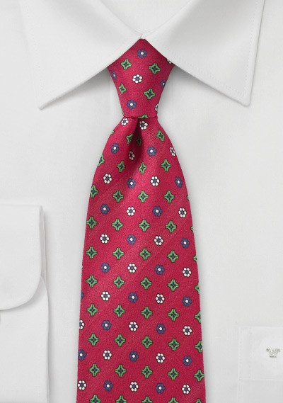 Red Silk Tie with Geometric Floral Print