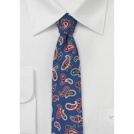Royal Blue Wool Tie with Red Paisley Print