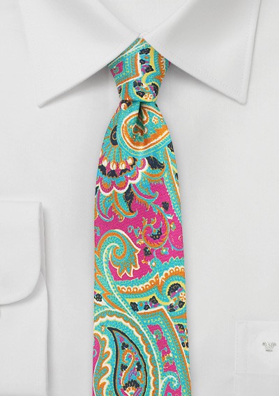 Italian Silk Paisley Tie in Pink, Aqua, and Yellow | Bows-N-Ties.com