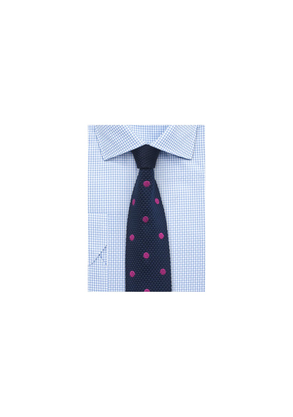 Blue Knit Tie with Pink Polka Dots