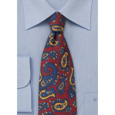 Wool Paisley Tie in Reds and Blues