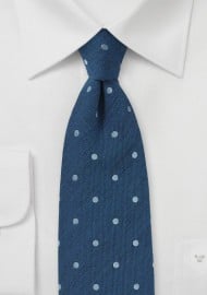Raw Silk Polka Dot Tie in Denim Blue