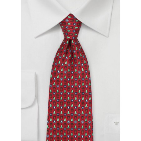 Holiday Tie with Presents, Trees, and Snowflake Print
