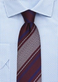 Burgundy Tie with Retro Stripes in Navy and Silver