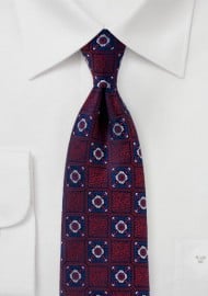 Dark Cherry Red and Navy Medallion Weave Tie