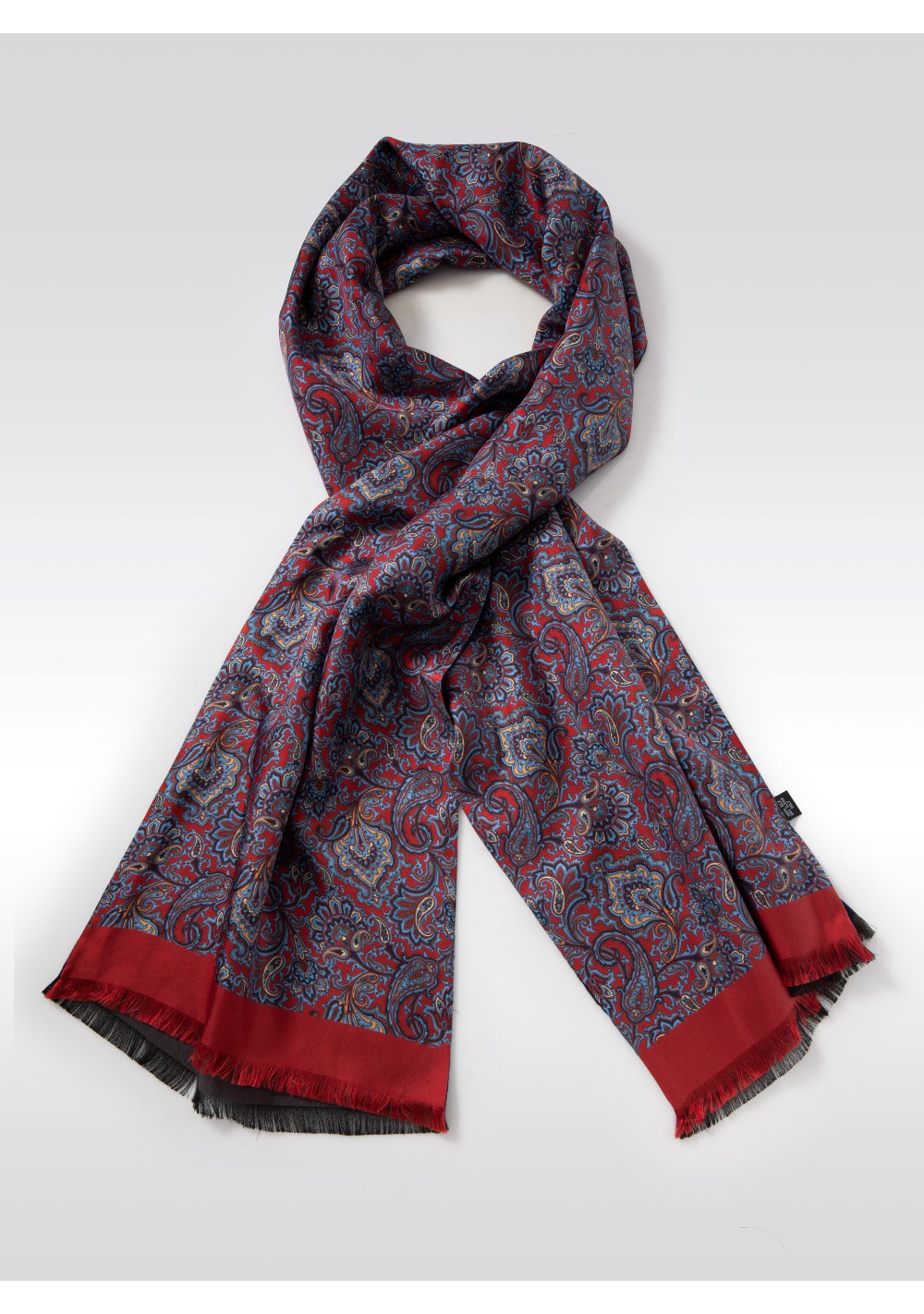Italian Paisley Print Silk Scarf in Reds, Blues, and Gold