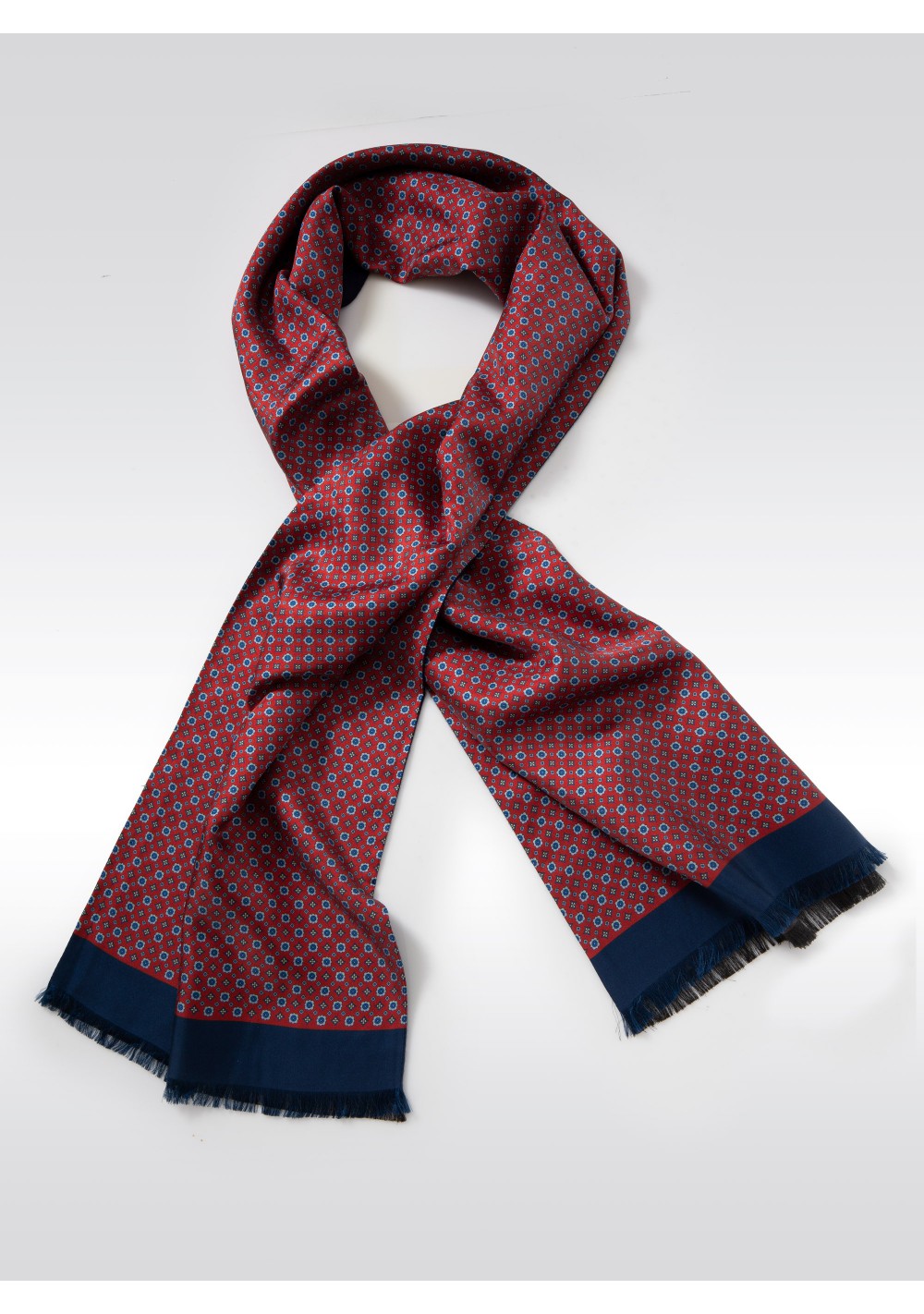 Geometric Print Menswear Silk Scarf in Burgundy and Navy 