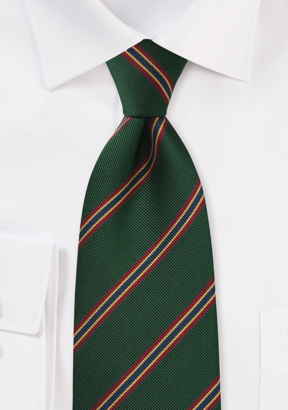 British Regimental Striped tie in Dark Green, Red, Gold, and Blue