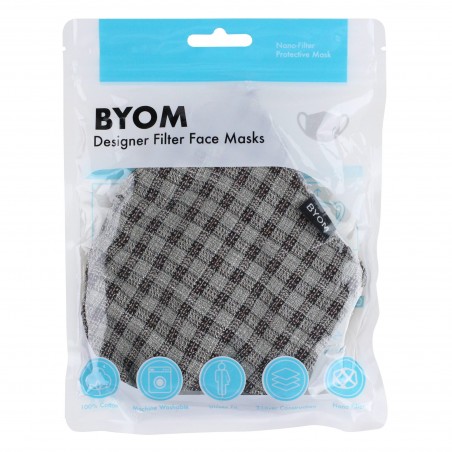 Beige, Gray, and Brown Checkered Filter Mask in Mask Bag