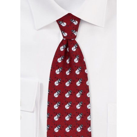 Snowman Print Holiday Tie in Crimson Red