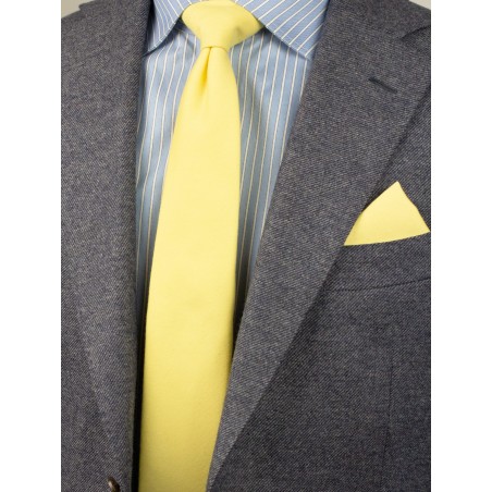 Matte Skinny Tie and Hanky Set in Lemon Chiffon Styled