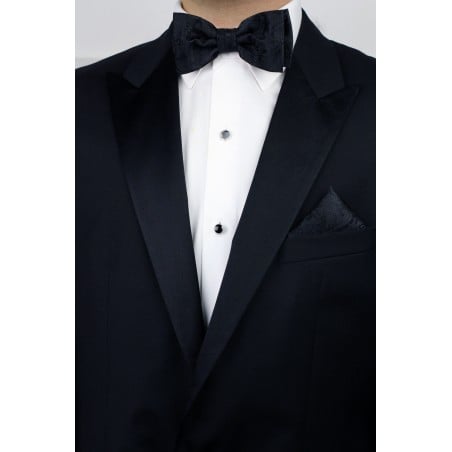 Paisley Mens Bow Tie Set in Black Styled with Tux Jacket