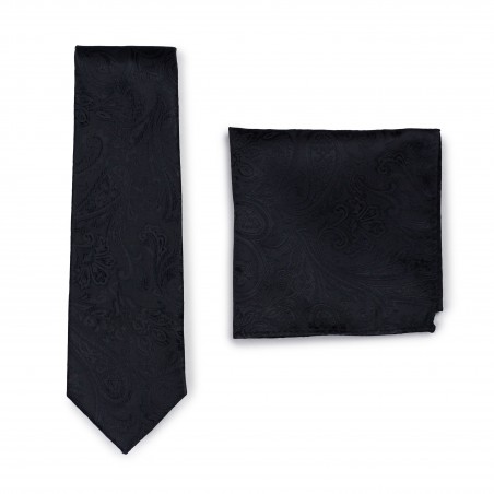 Wedding Paisley Tie and Pocket Square Set in Jet Black
