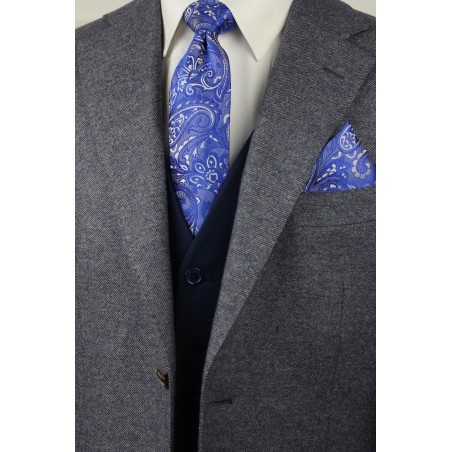 Formal Summer Paisley Tie in Morning Glory Blue with Pocket Square styled with Suit Jacket