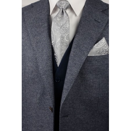 Dress Necktie in Silver with matching Pocket Square styled with Suit Jacket