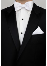 Solid Bright White Paisley Bow Tie and Pocket Square Set styled with Tux