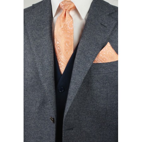 Peach Summer Paisley Tie and Pocket Square Combo Styled