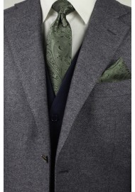 Elegant Paisley Necktie in Moss and Handkerchief Set Styled