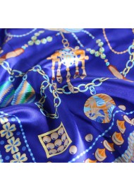 Rich Blue Ladies Silk Scarf with Golden Designer Print Detailed Close Up