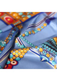 Tribal Jewelry Print Scarf in French Blue and Golden Orange Detailed Close Up