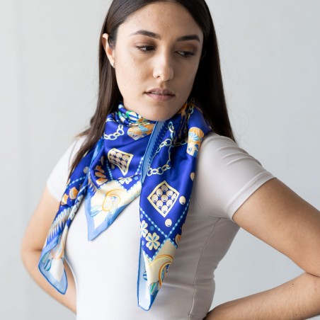 Rich Blue Ladies Silk Scarf with Golden Designer Print Styled