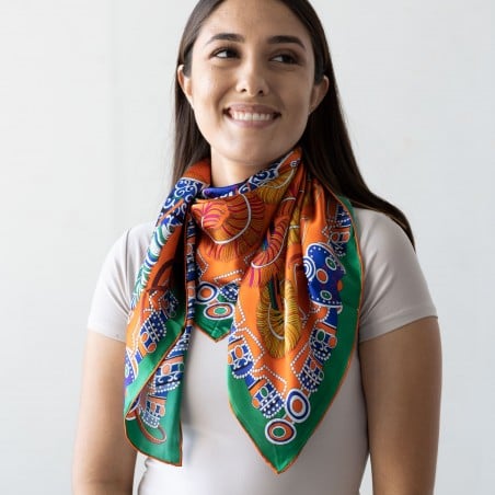 Burnt Orange and Green Scarf | Native American Print Designer Silk Neck ...