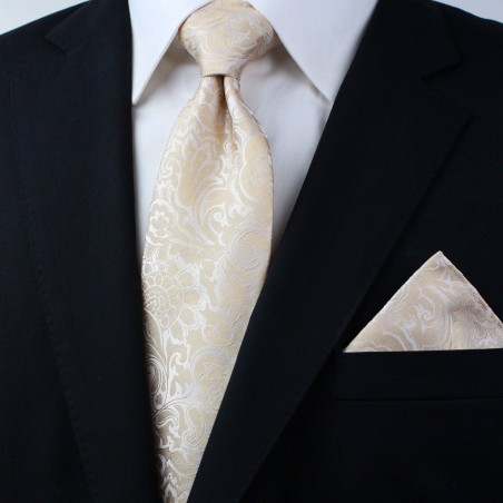 Wedding Style Woven Paisley Tie and Hanky Set in Champagne Styled with Suit Jacket