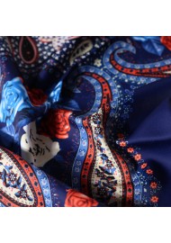 Geometric Paisley Scarf in Navy, Cherry Red, and Light Blue Close Up