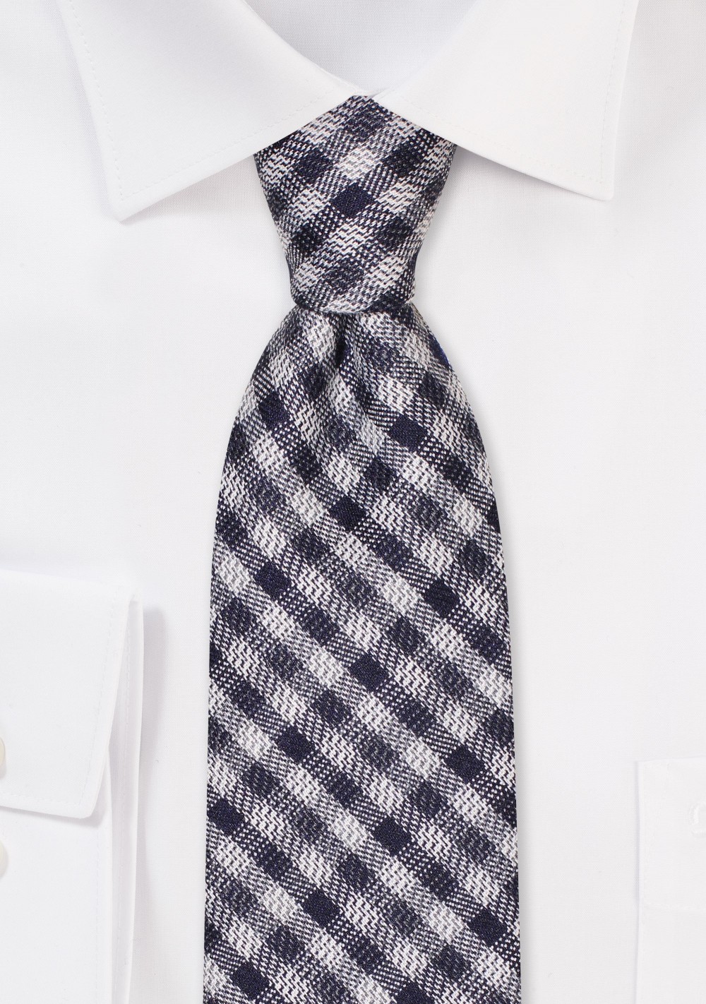 Navy and Silver Gingham Check Skinny Tie