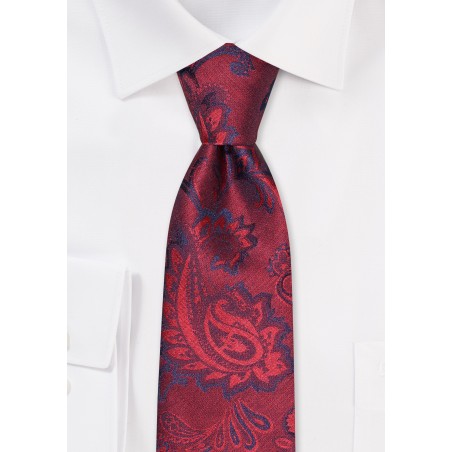Woolen Paisley Skinny Tie in Reds and Blues