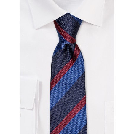 Grenadine Textured Striped Skinny Tie in Blue and Cherry