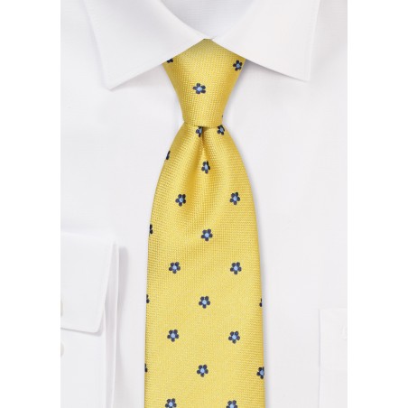 Yellow Tie with Tiny Embroidered Florals in Blue