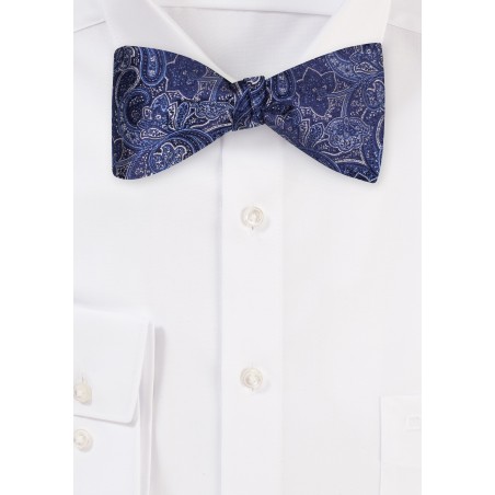 Intricate Navy Blue Paisley Bowtie in Self-tie Style