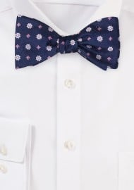 Navy Self Tie Bow Tie with Pink Flowers