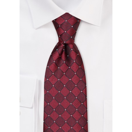 Wine Red Checkered Tie in XL Length