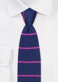Navy Knit Tie with Pink Stripes
