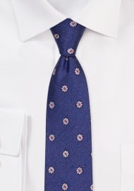 Silk Cotton Floral Tie in Blue and Skinny Width