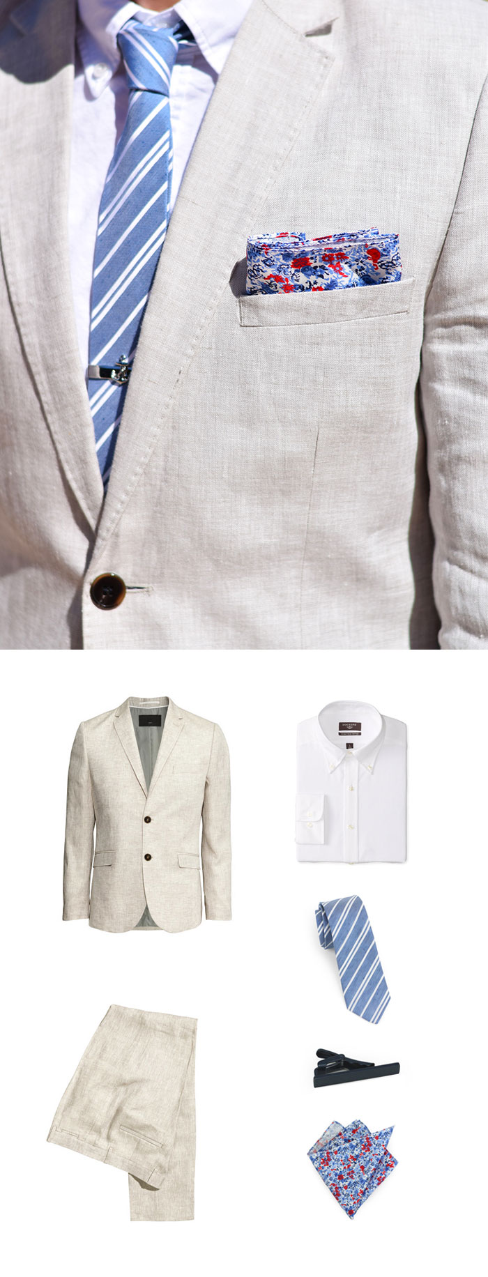 Linen Suit + Blue Linen Tie